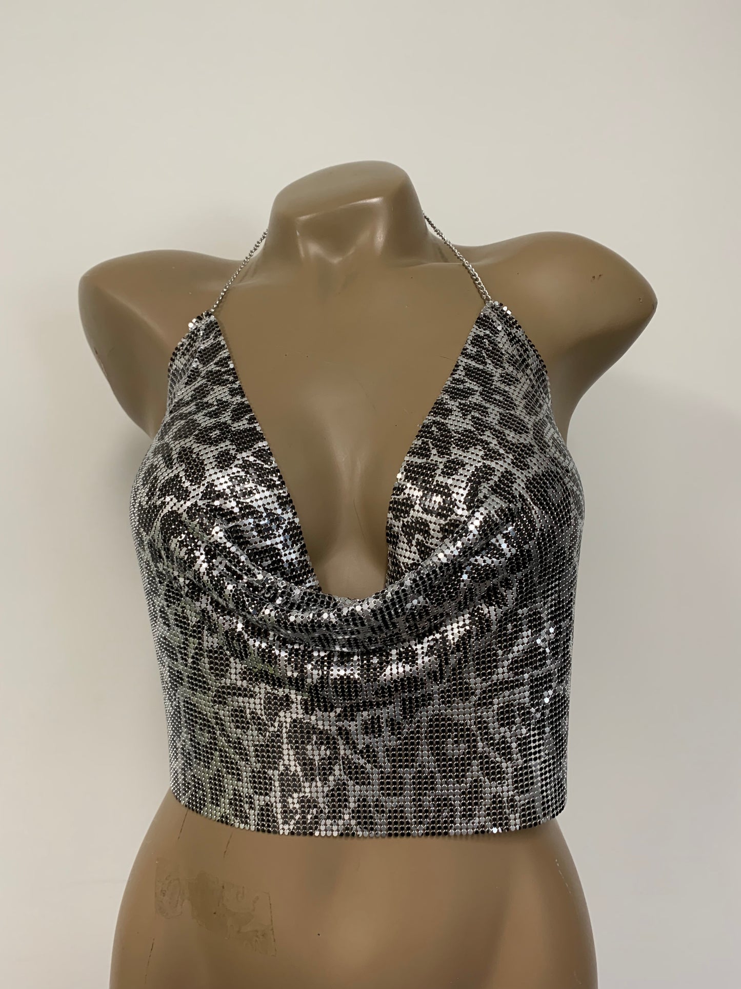 Silver Cheetah Print Metal Mesh Crop Top