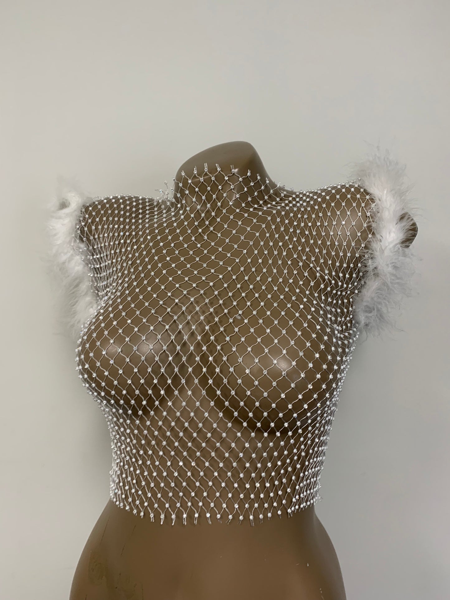 White Crystal Mesh Short Sleeve Top with Fluffy Shoulder Trim