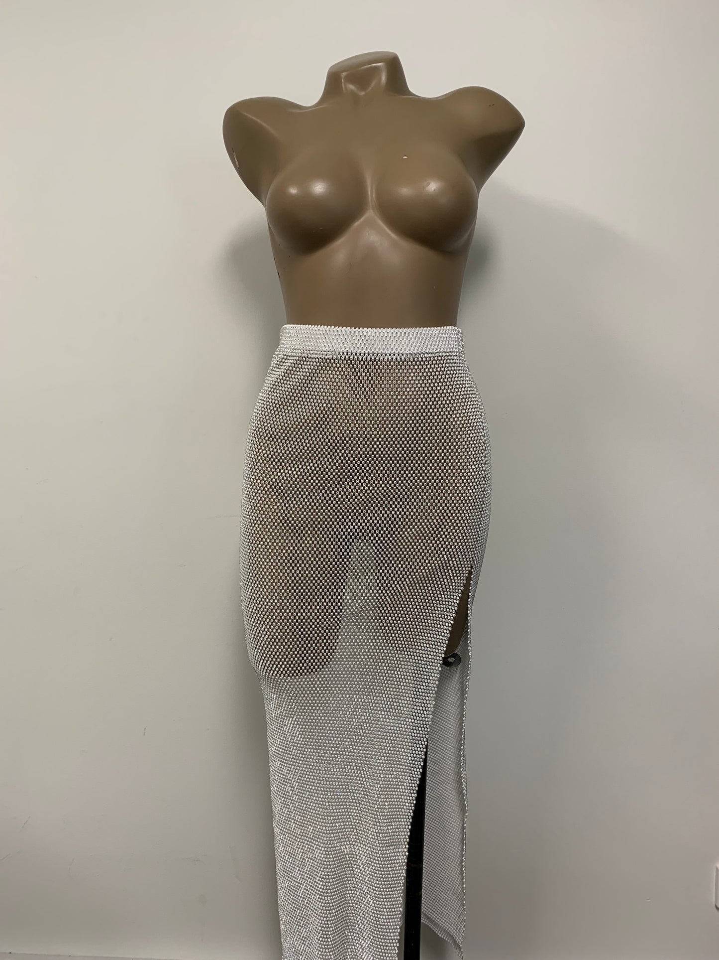 White Crystal Mesh Midi Skirt