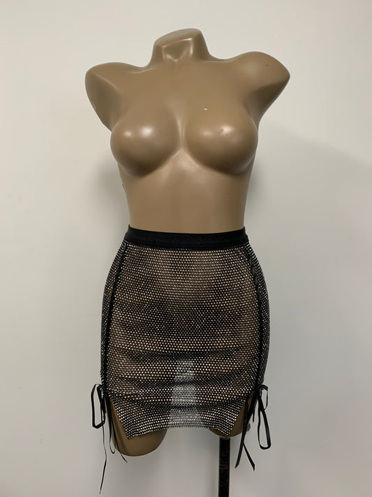 Black Lace-Up Crystal Mesh Mini Skirt