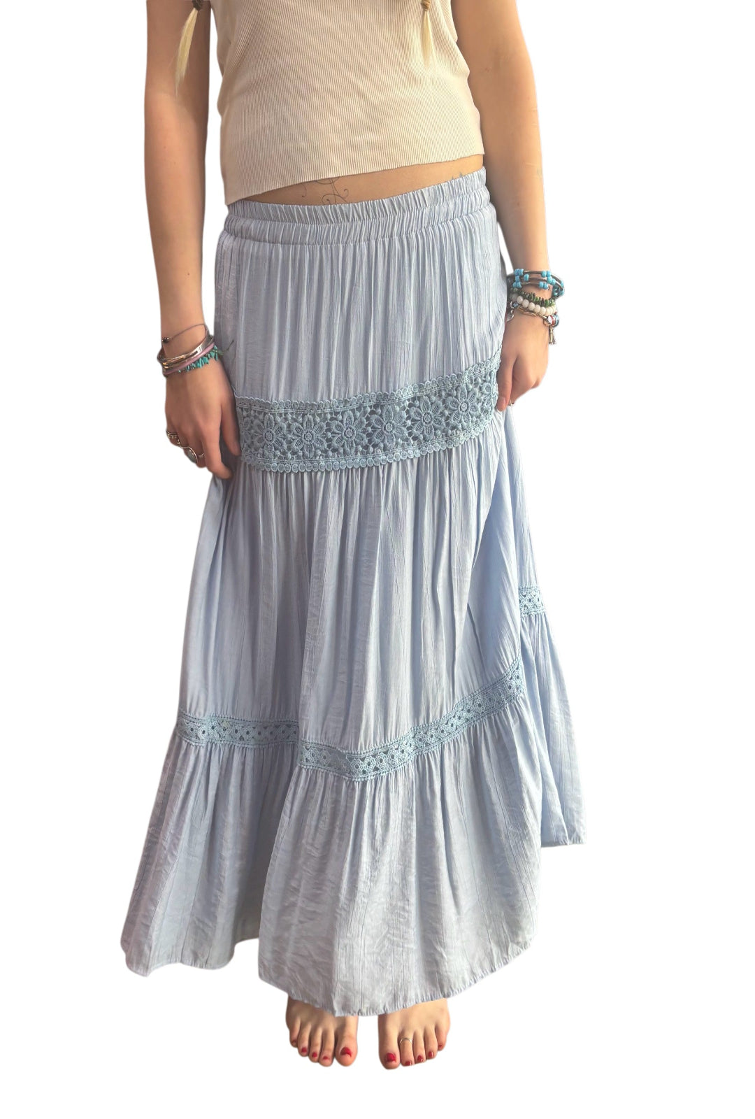 Powder Blue Boho Skirt With Floral Detail
