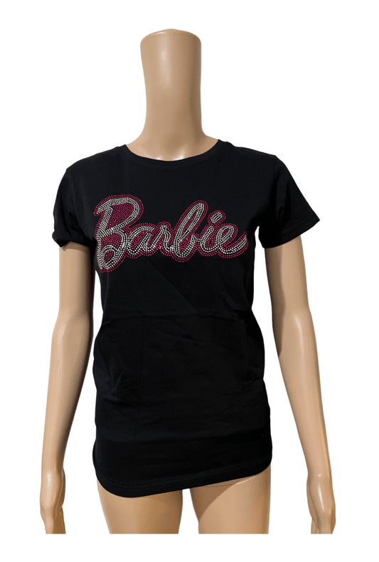 Fitted Rhinestone Barbie Black T-shirt