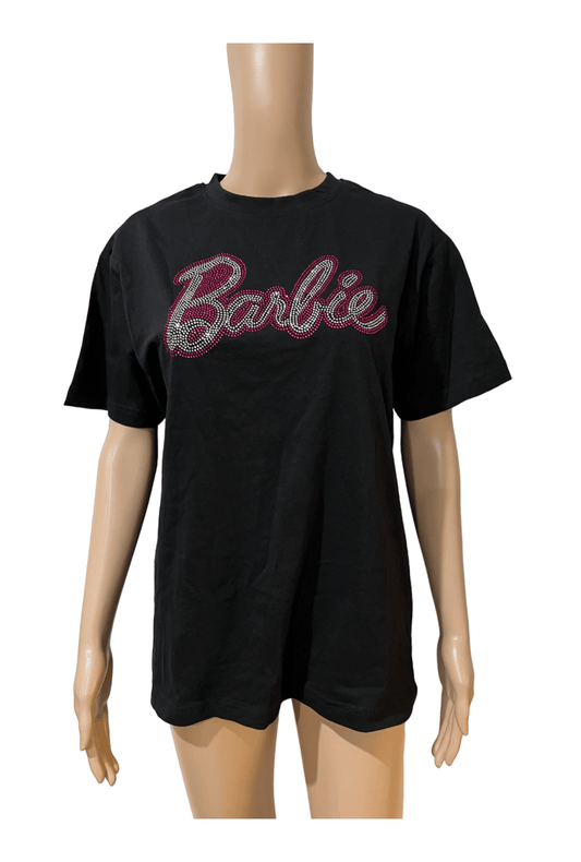Loose Fit Rhinestone Barbie Black T-shirt