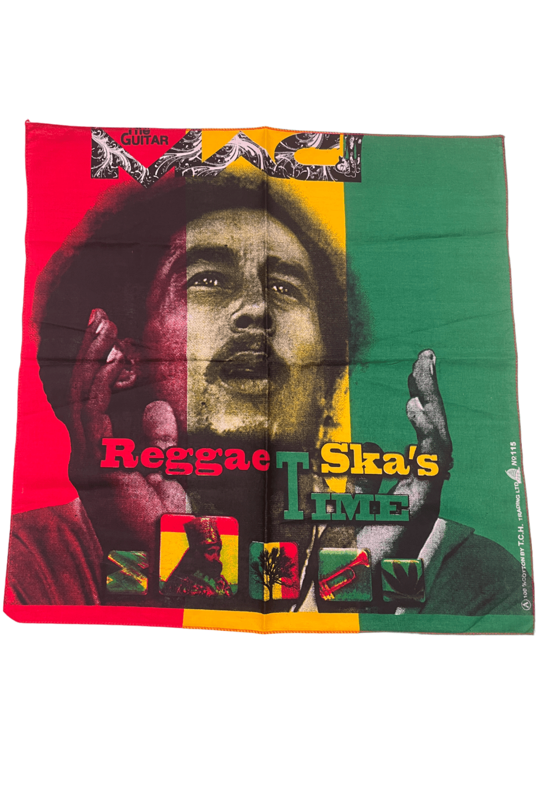reggae inspired bob marley bandana with red, yellow and green