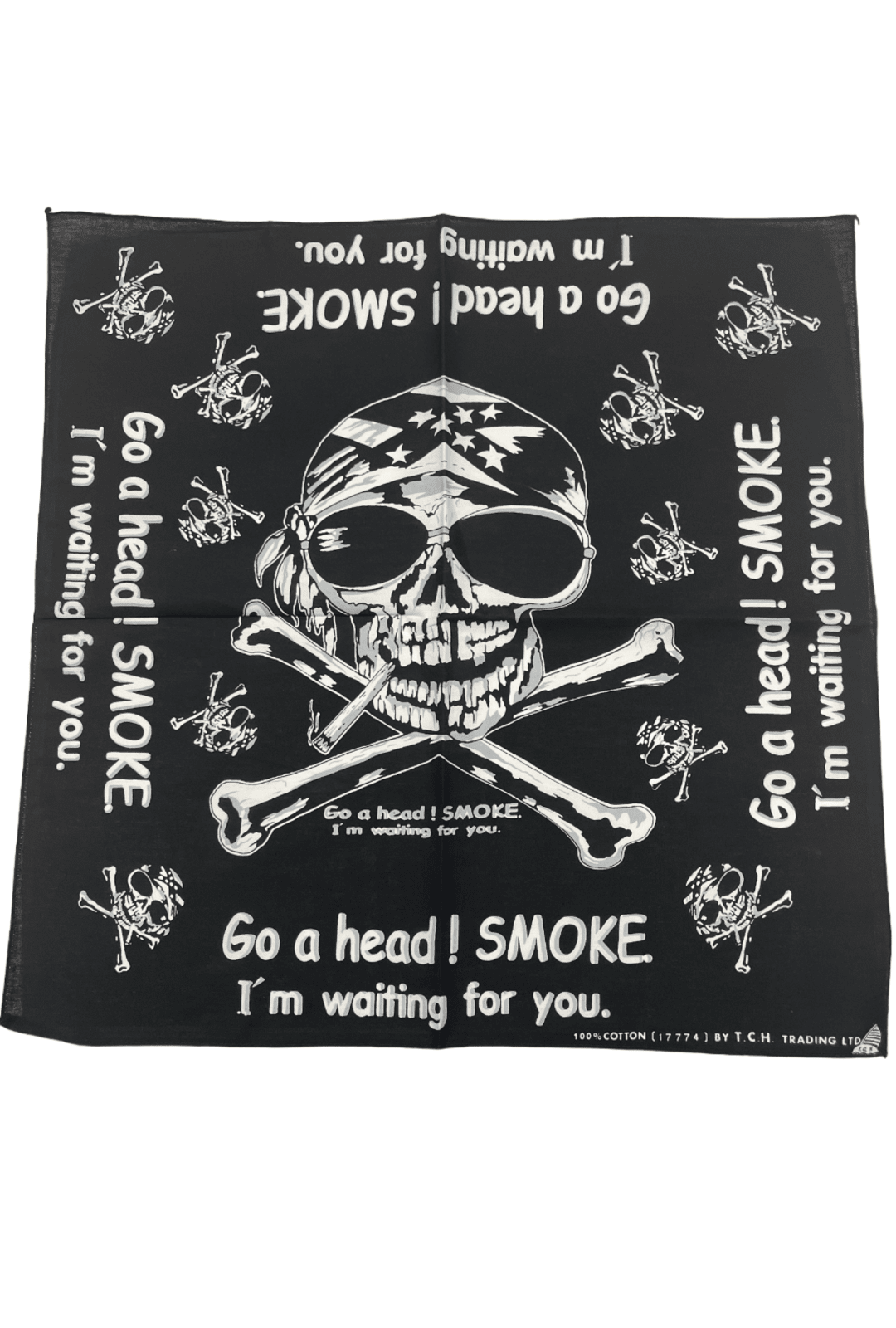 black bandana with skull and crossbones smoking and "go ahead and smoke" text