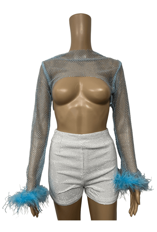 Light Blue Crystal Ultra-Cropped Shrug Top with Fluffy Trim