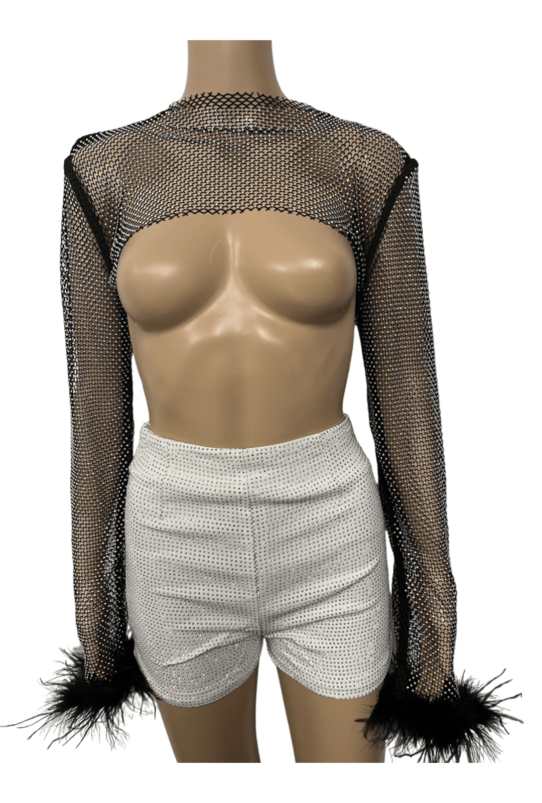 Black Crystal Ultra-Cropped Shrug Top with Fluffy Trim