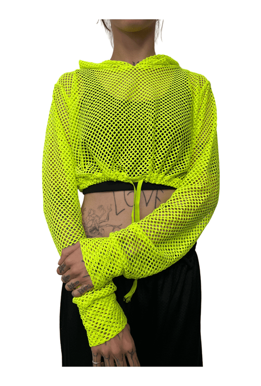 Neon Lime Fishnet Cropped Hoodie