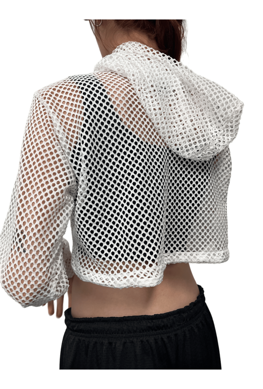 White Fishnet Cropped Hoodie