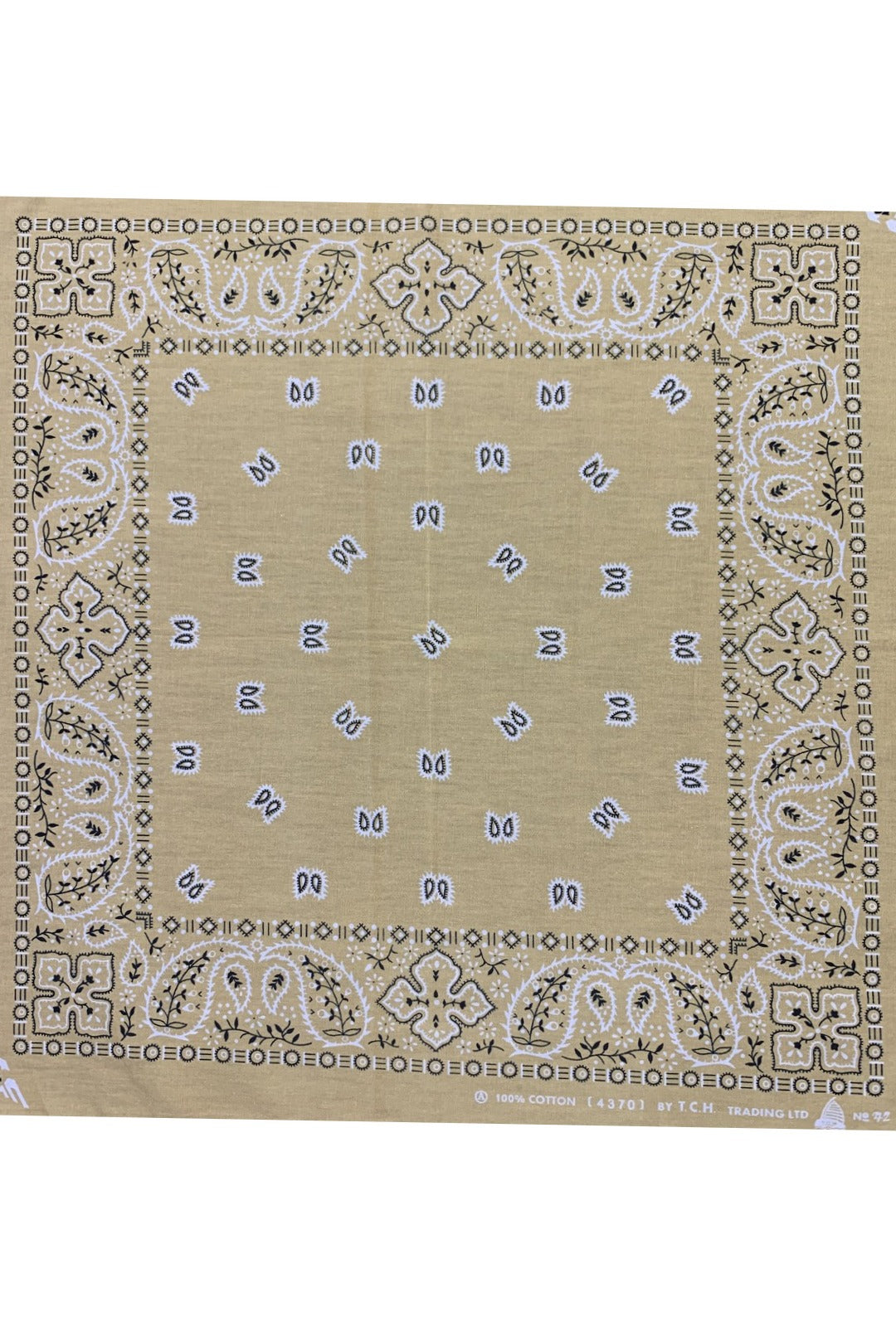 cream coloured bandana with white and black paisley print.