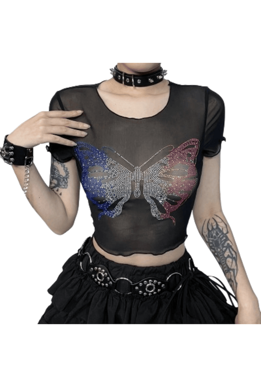 Rhinestone Butterfly Mesh Shirt