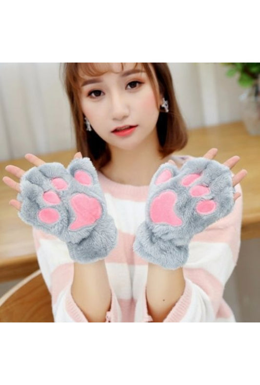 Grey & Pink Fluffy Cat Paw Gloves