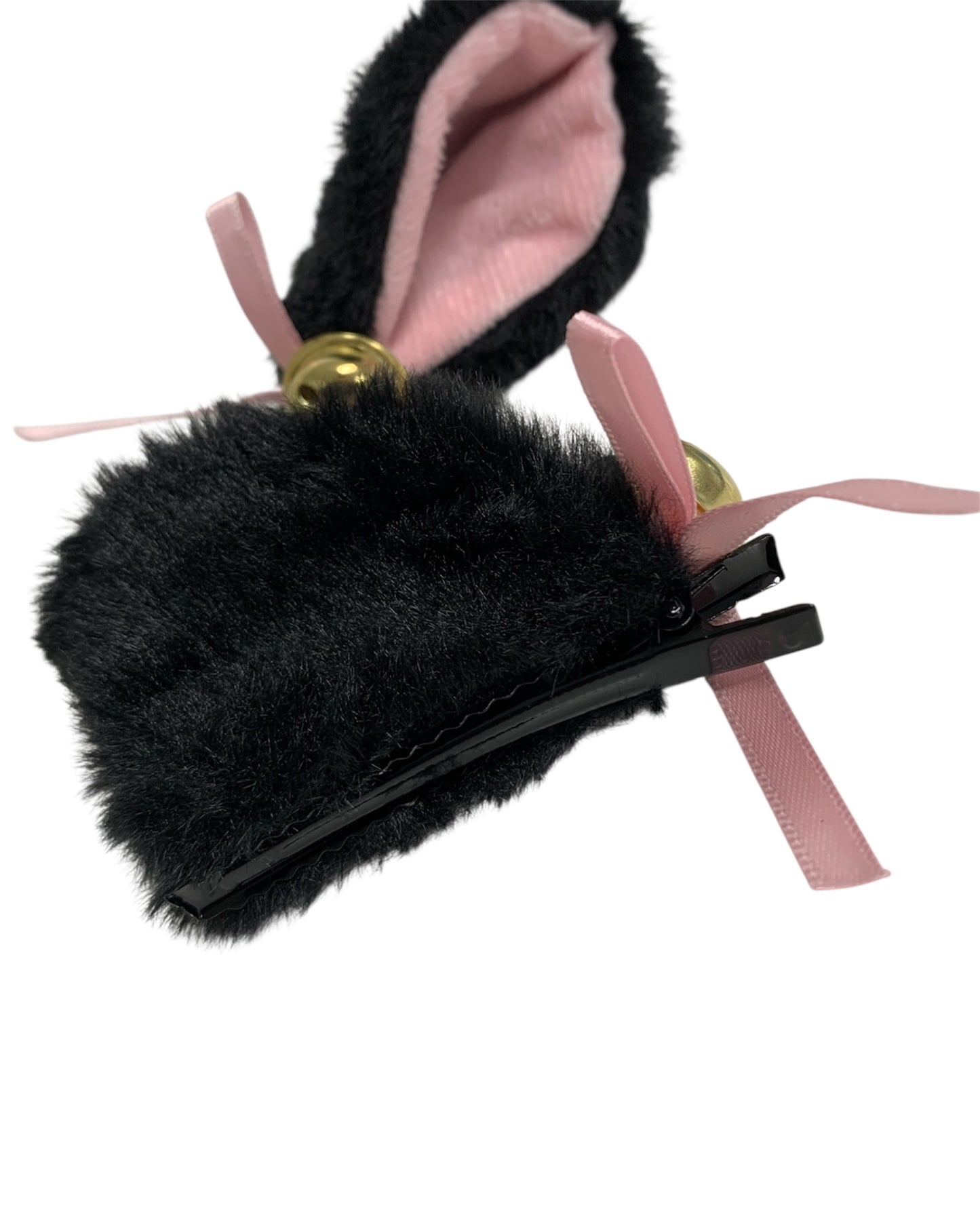 Black Fluffy Clip-In Cat Ears with Pink Bows