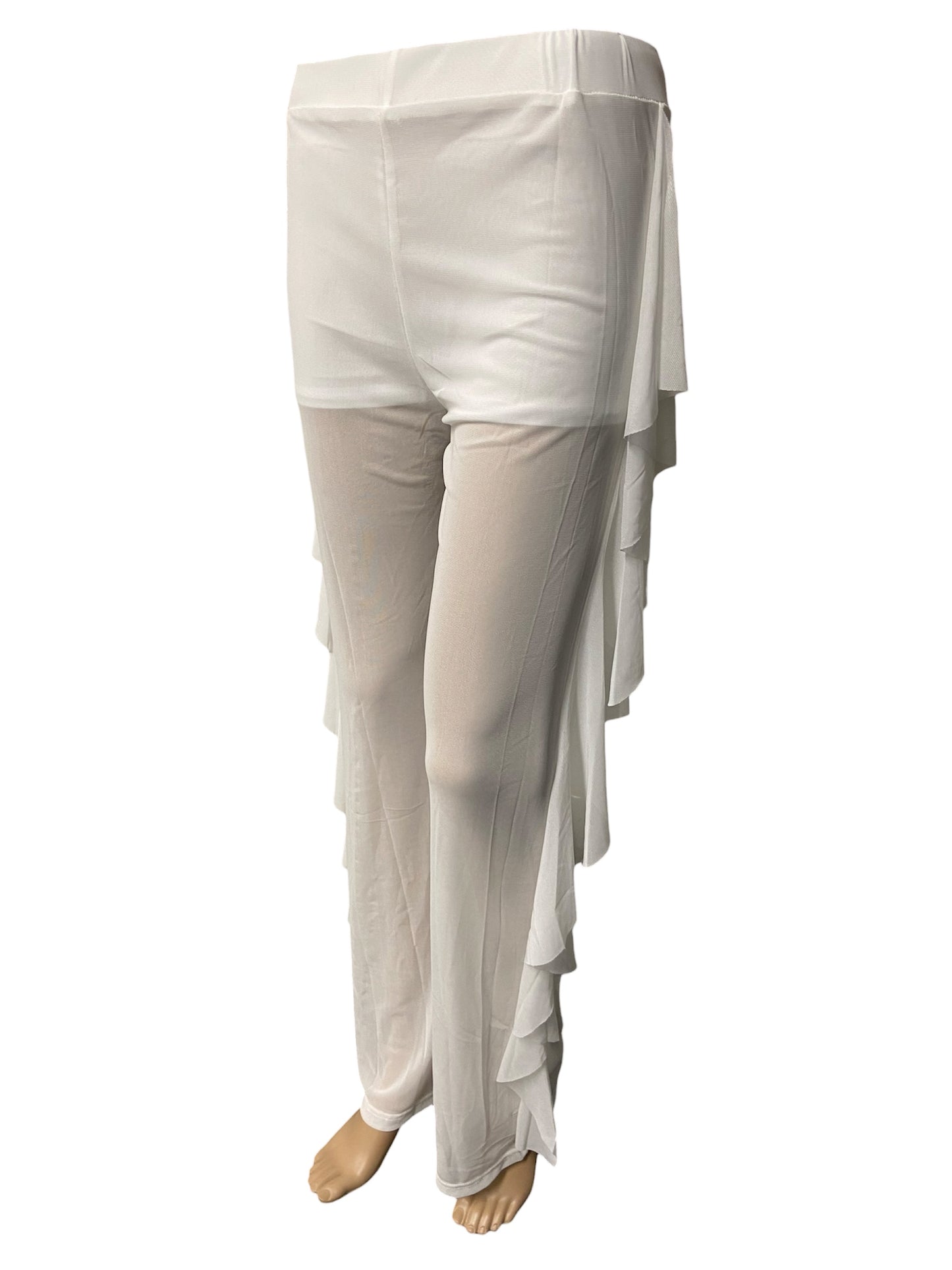 White Sheer Mesh Ruffle Pants