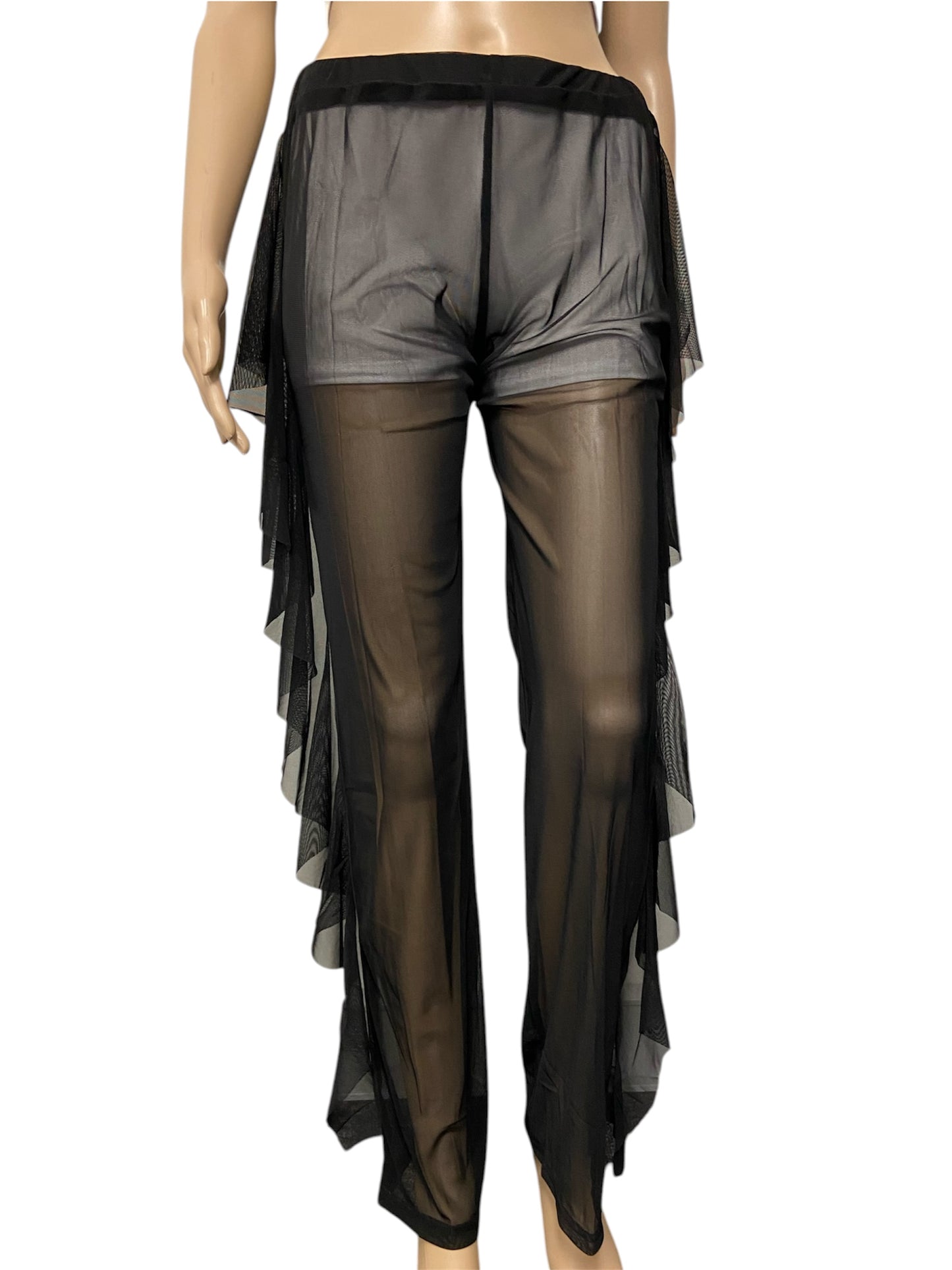 Black Sheer Mesh Ruffle Pants