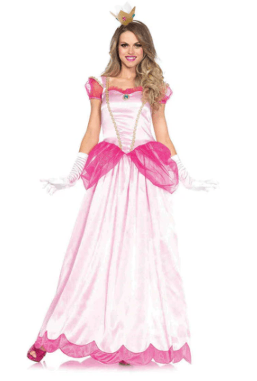 Classic pink, satin Princess Peach costume featuring a fitted pink bodice, floor length pink skirt and gold crown.