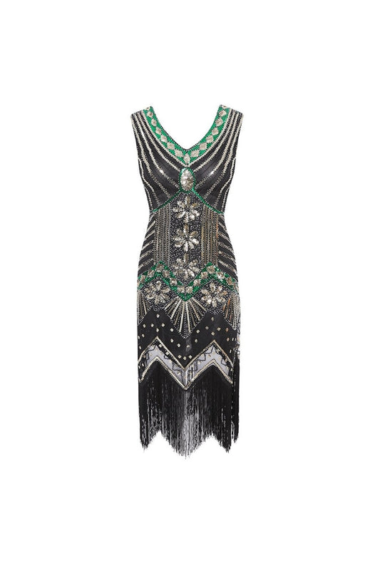 Black, Gold and Green Sequined 1920s Flapper Dress