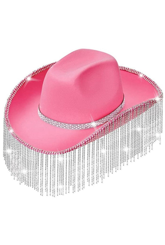 Pink Long Diamanté Tassel Cowboy Hat