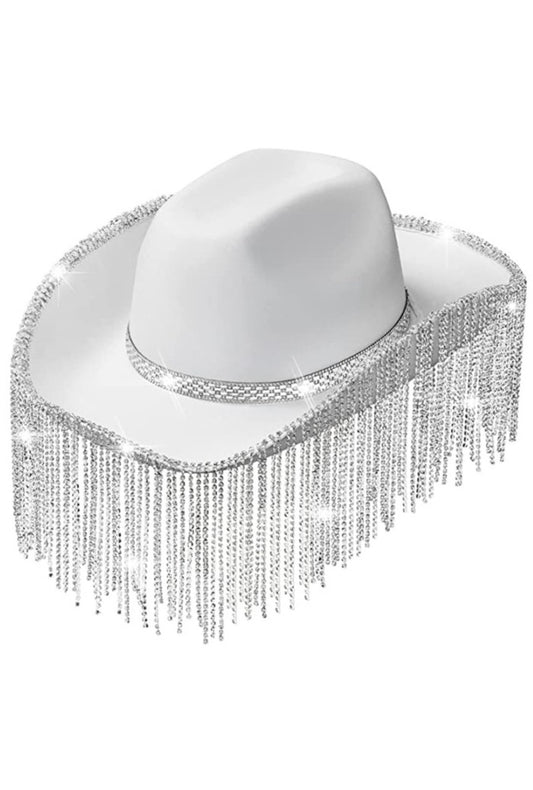 White Long Diamanté Tassel Cowboy Hat