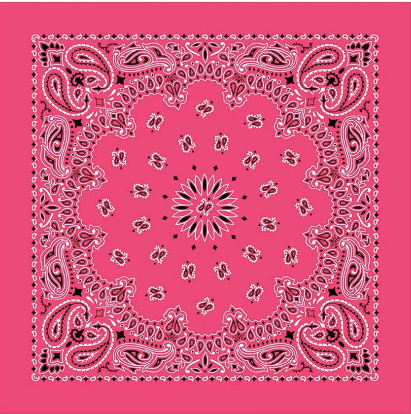hot pink bandana with white and black paisley print circular design