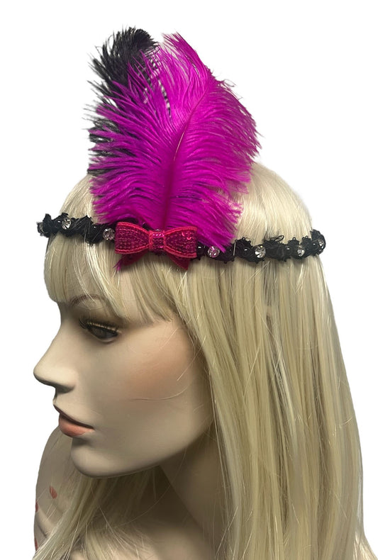 Pink & Black Gatsby Feather Bow Headband