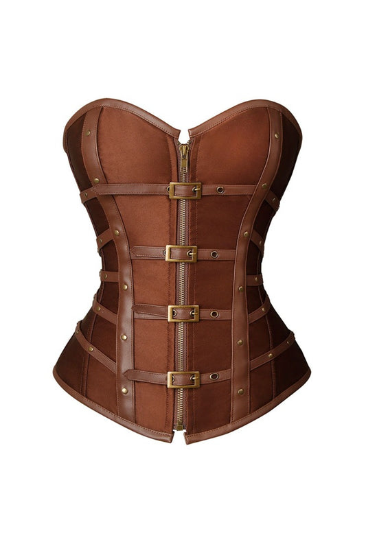Brown Leather and Satin Buckle Corset with Zip Front