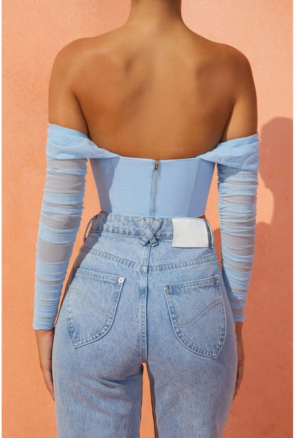 Light Blue Corset Ruched Sleeve Crop Top