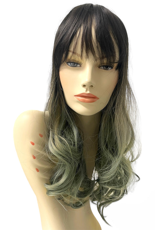 Long Curly Dark Brown to Sage Silver Ombre Wig