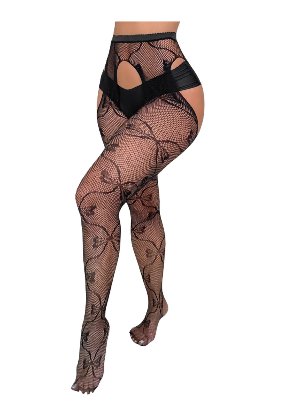 Ribbon and Bow Fishnet Suspender Stockings