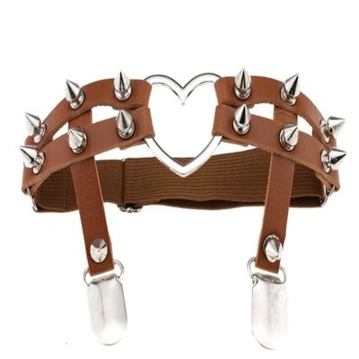 PU Brown Leather Spike Heart Garter
