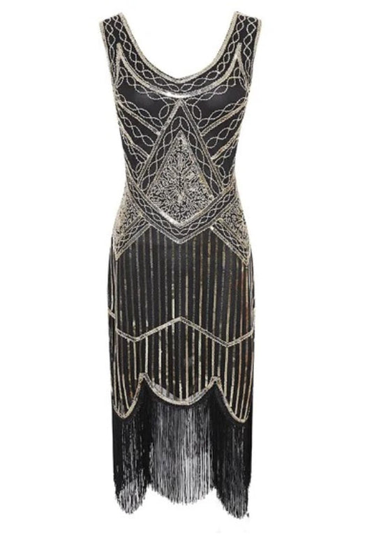Black, Gold and Beige Sequined 1920's Gatsby Dress