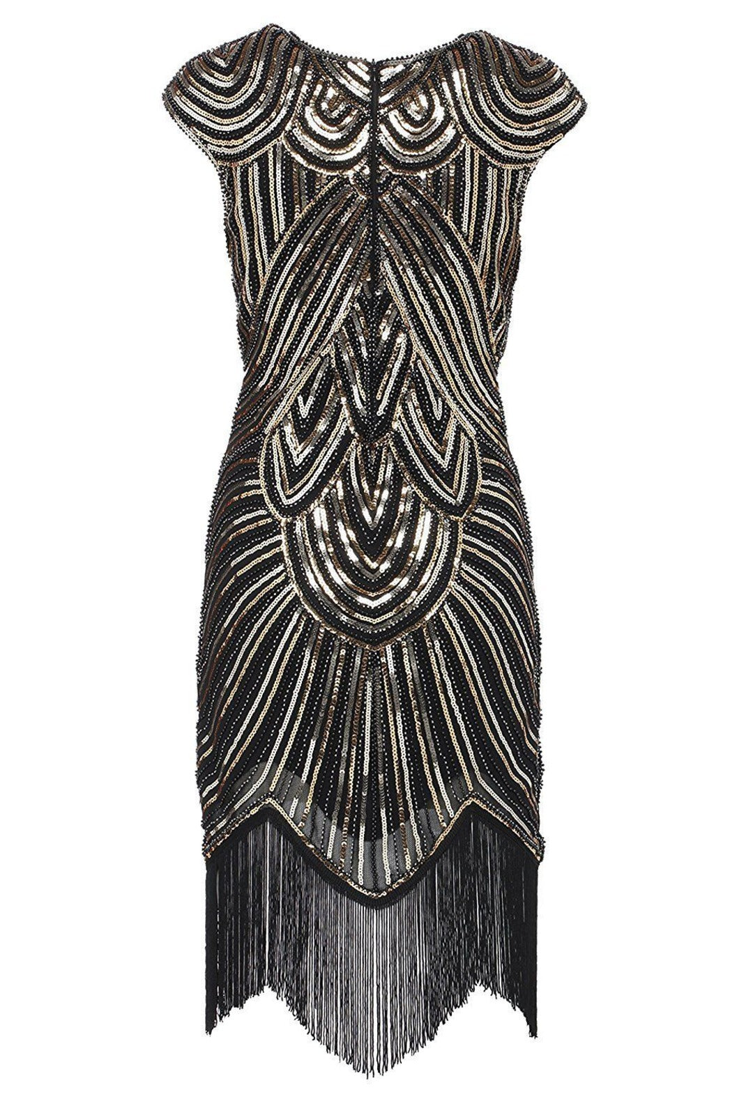 Black and Gold Beaded Cap Sleeve Great Gatsby Dress