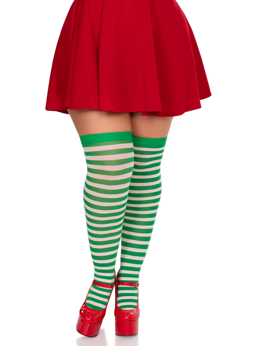 Plus Size Green and White Striped Thigh Highs