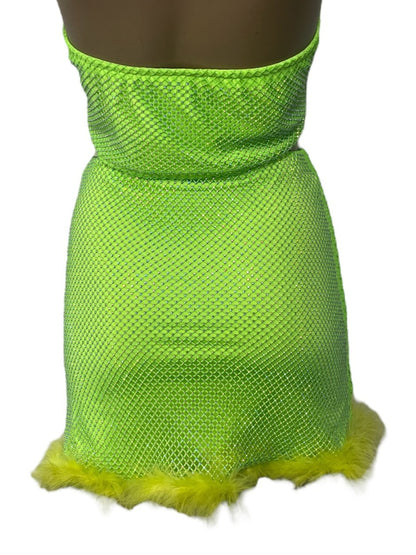 Neon Green Rhinestone Mesh Skirt with Fluffy Trim