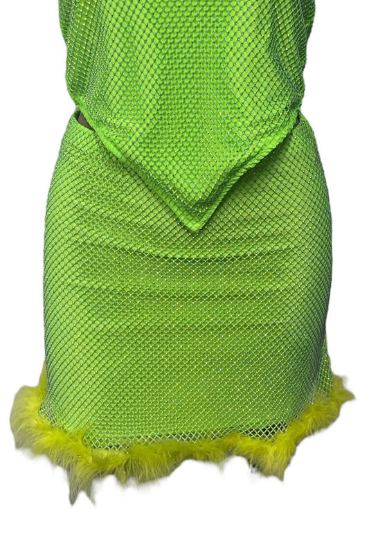 Neon Green Rhinestone Mesh Skirt with Fluffy Trim