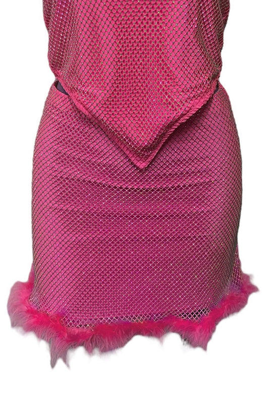 Hot Pink Rhinestone Mesh Skirt with Fluffy Trim