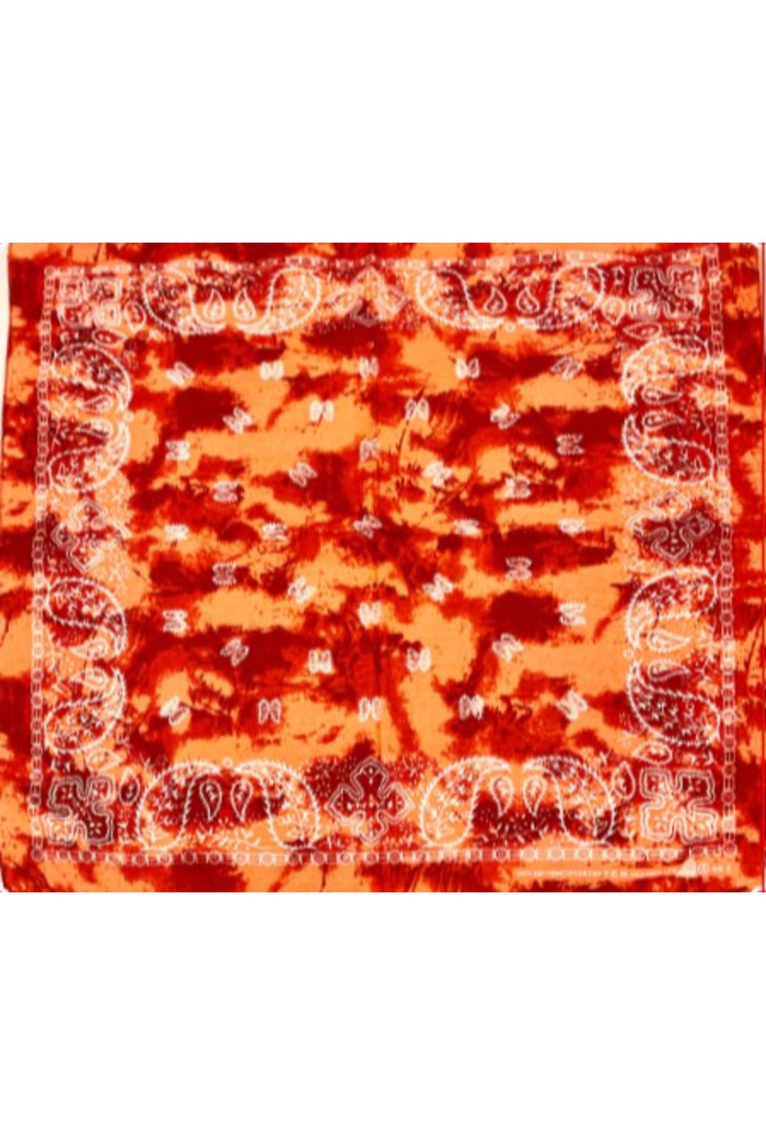 red tie dye bandana with white paisley print overlay