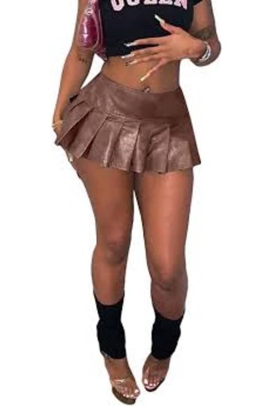 Brown PVC Pleated Mini Skirt