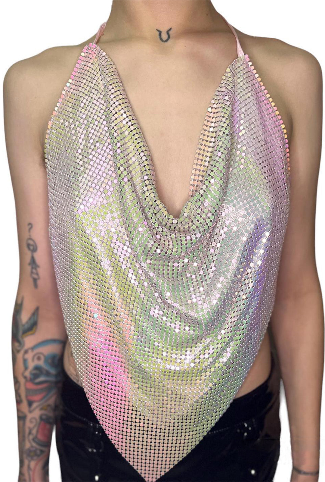 Iridescent Baby Pink Metal Mesh Top