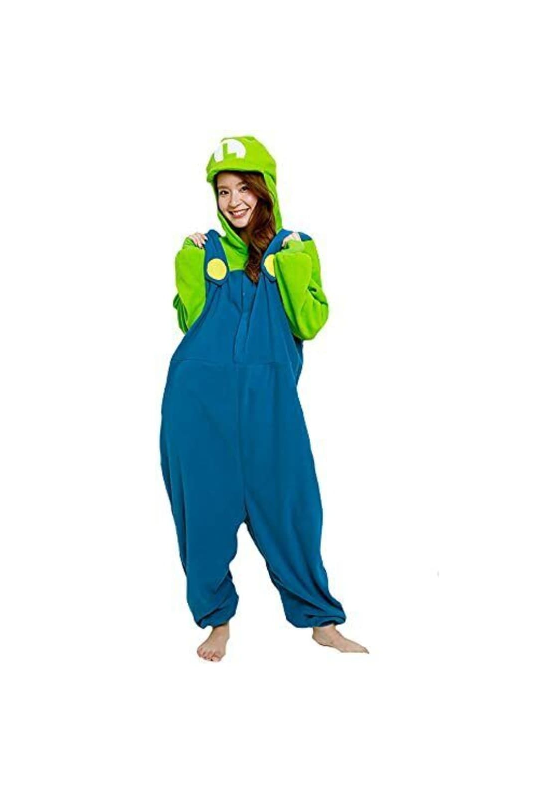 luigi adult onesie in overall style with green hood like a hat