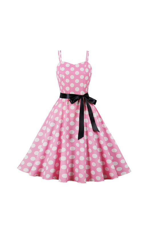 Pink and White Polka Dot Halter Swing Dress