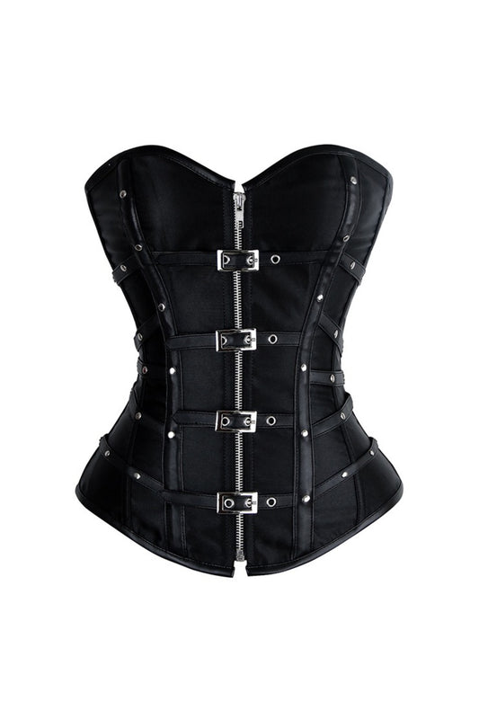 Black Leather and Satin Buckle Corset with Zip Front