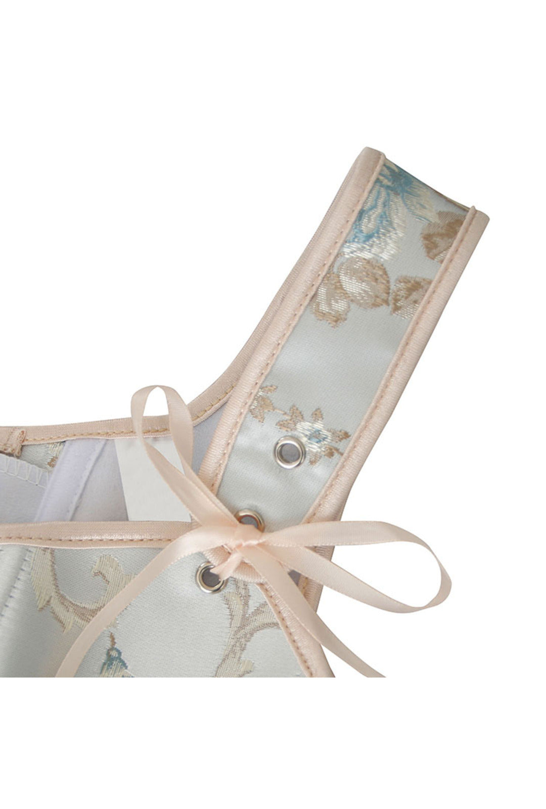 retro vintage antique style corset. marie antoinette renaissance delicate corset with embroidered roses in soft pink and soft blue with ribbon straps