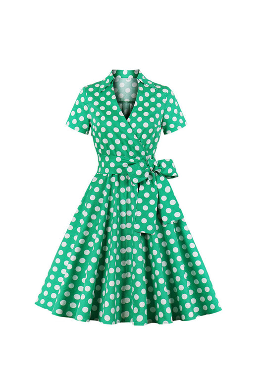 50's Green Polka Dot Belted Swing Dress