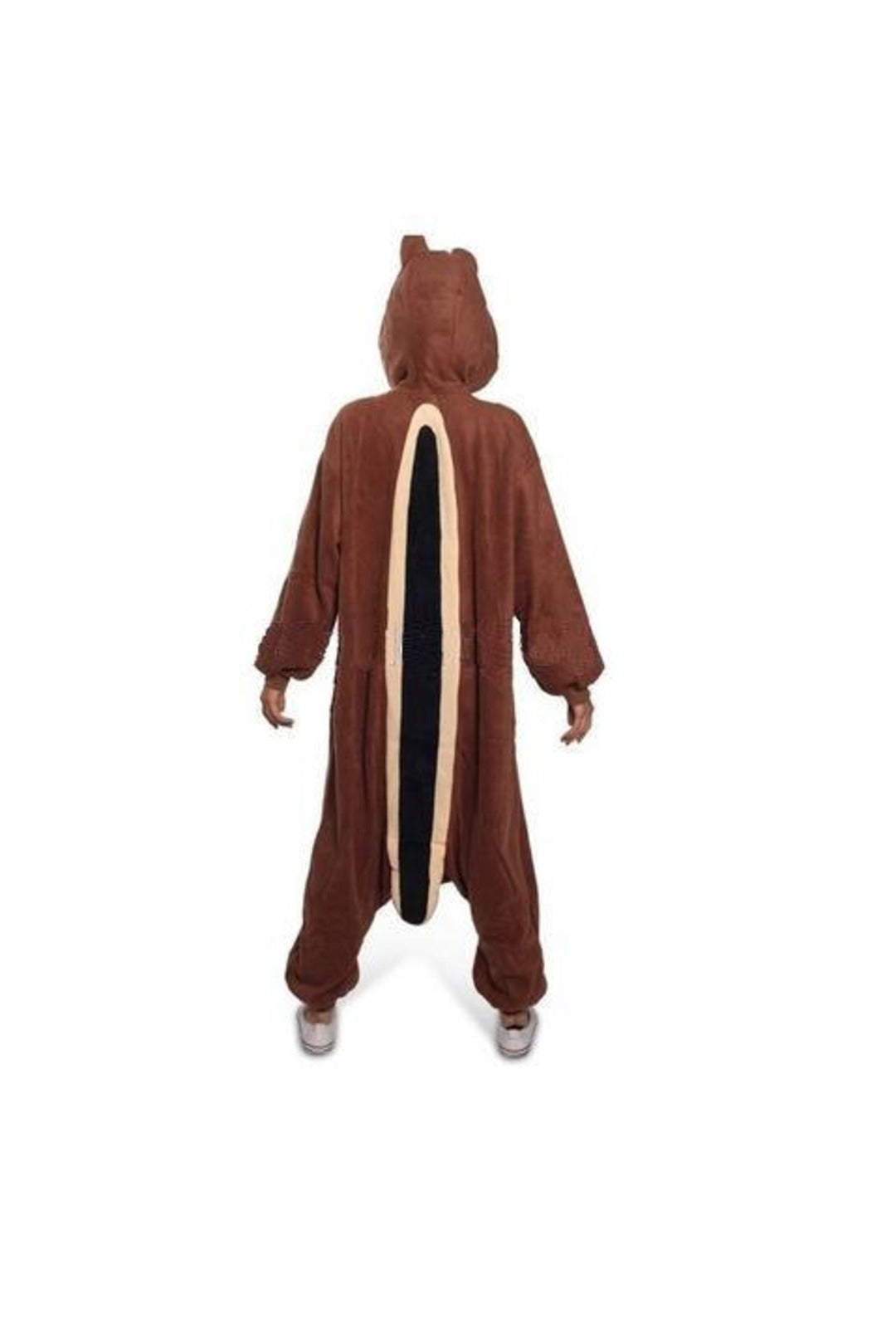 back of dark brown chipmunk onesie showing tail design