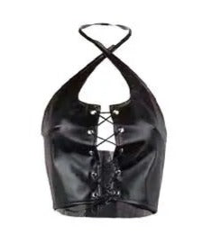 faux leather black halter neck crop top, lace up, punk, skater, emo, goth