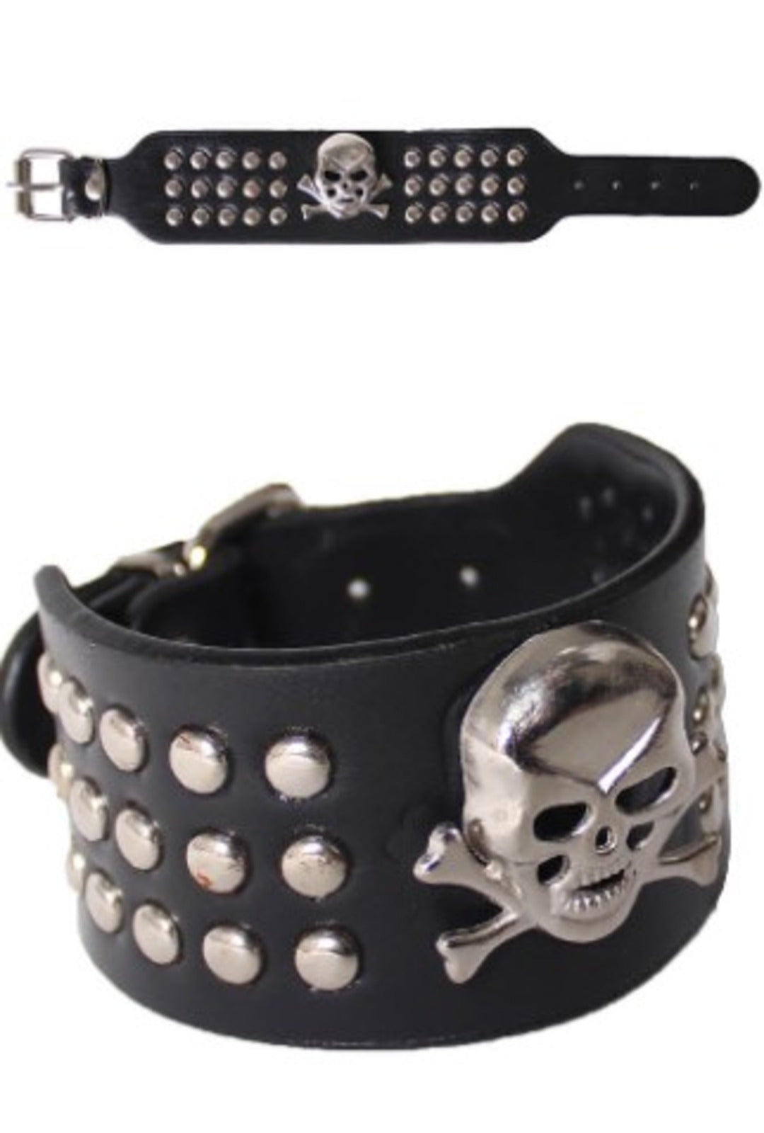 black leather wrist uff with studs and skull and crossbones punk biker rocker cuff