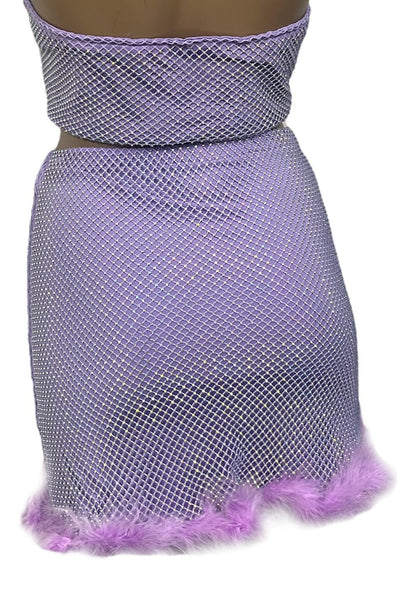 Lilac Rhinestone Mesh Skirt with Fluffy Trim