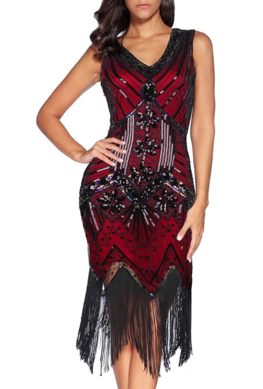 1920 red dress ZAPAKA Women Gatsby Sequins V-neck Spaghetti Straps Bodycon Long 1920s Dress, Dark Red / XL Featuring a soft inner lining Vintage 1920s Flapper Style Finely