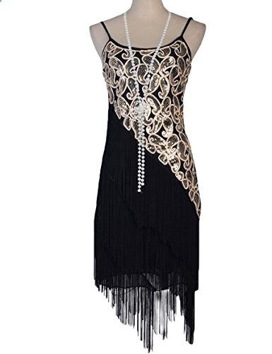1920s dress black and gold Black Silk Dropped Waist Dress with Wide Lace Trim circa 1920s main image 1